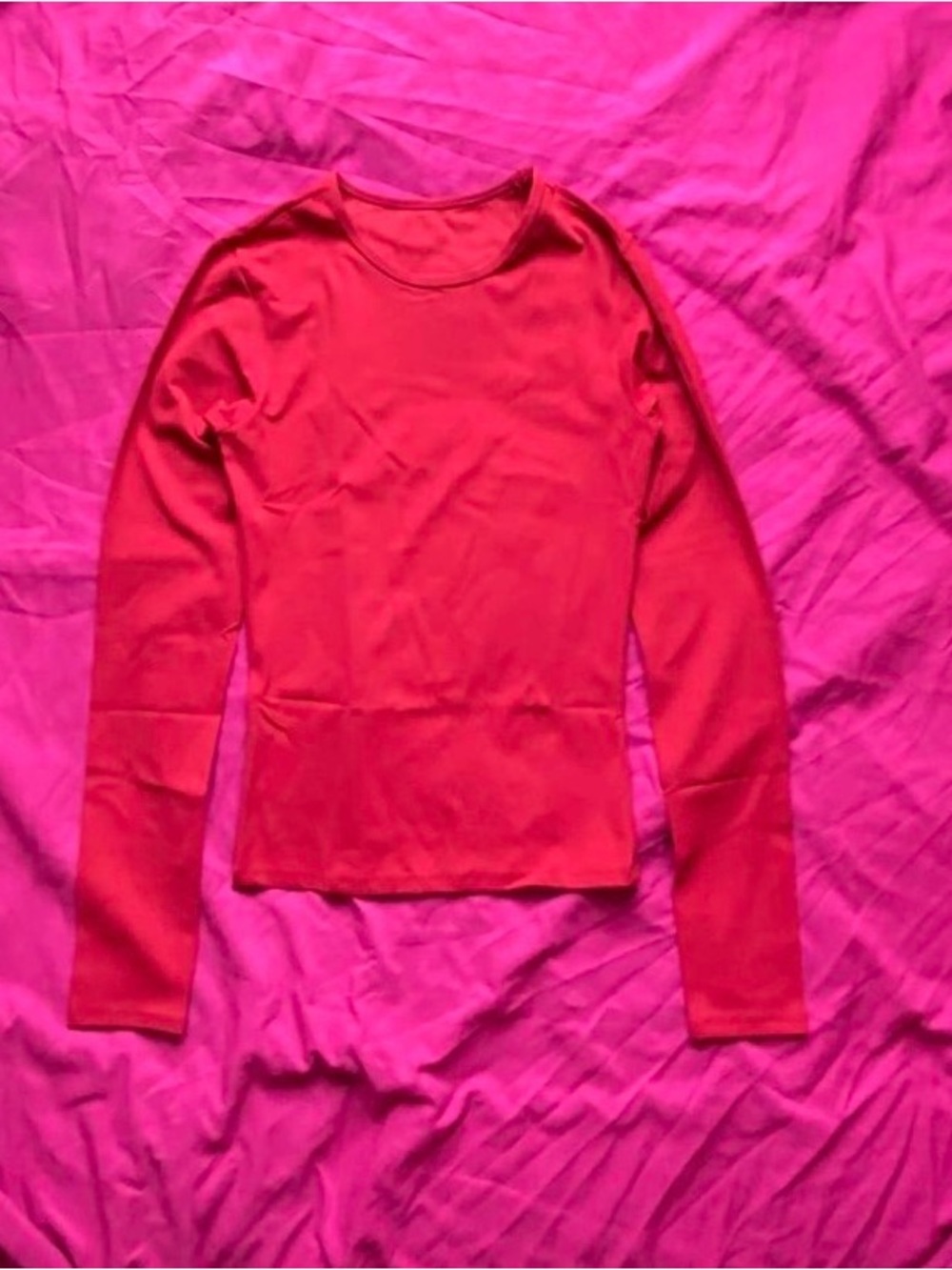 Women Red Long Sleeve Fitted Crewneck Top - Spandex and Polyester Top